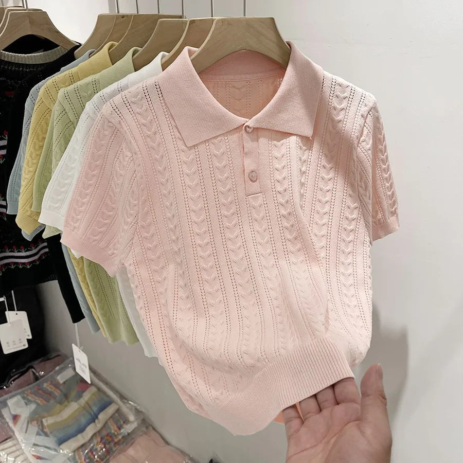 Summer Soft and Sticky POLO Collar Ice Silk Knitted Sweater for Women with A Niche Short Sleeved Design and Thin Top Summer Soft and Sticky POLO Collar Ice Silk Knitted Sweater for Women with A Niche Short Sleeved Design and Thin Top